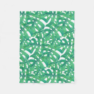 Green monstera tropical leaves pattern fleece blanket