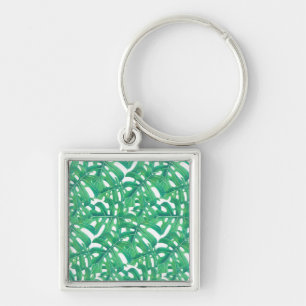 Green monstera tropical leaves pattern on white b key ring