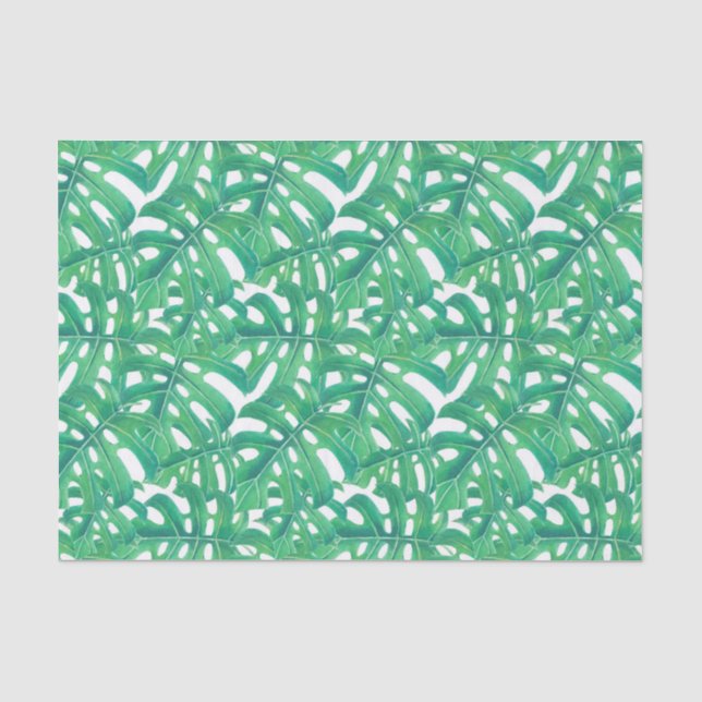 Green monstera tropical leaves pattern  on white b tissue paper (Front)