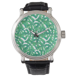 Green monstera tropical leaves pattern  on white b watch