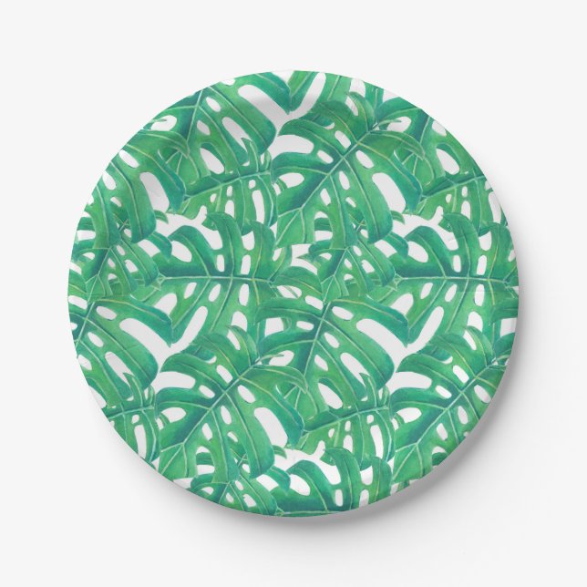 Green monstera tropical leaves pattern paper plate (Front)