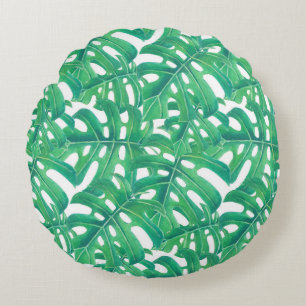 Green monstera tropical leaves pattern round cushion