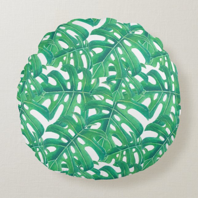 Green monstera tropical leaves pattern round cushion (Front)