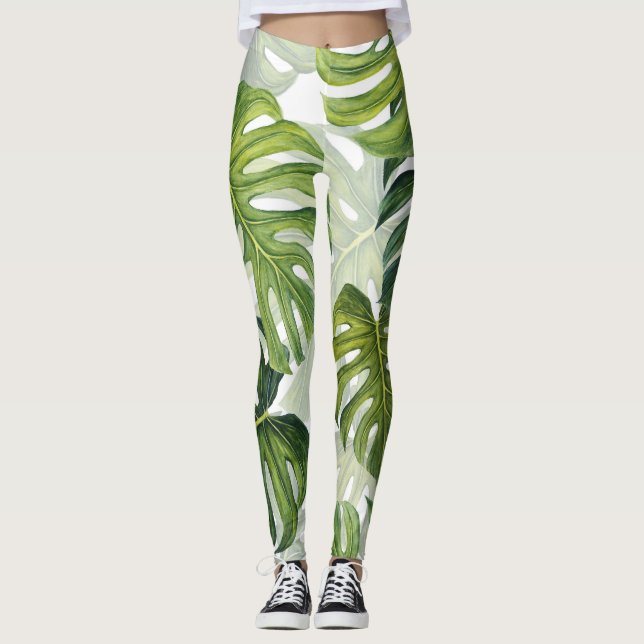 Green Monstera Tropical Watercolor Leggings (Front)