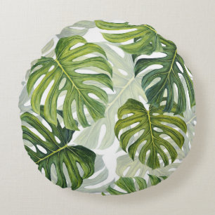 Green Monstera Tropical Watercolor Round Cushion