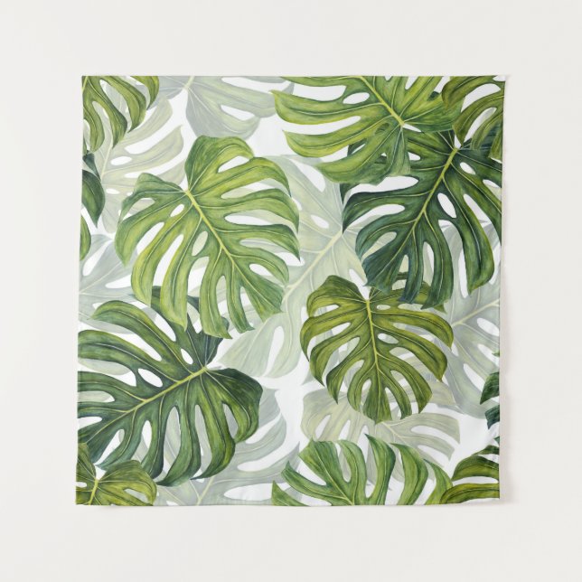 Green Monstera Tropical Watercolor Tapestry (Front)