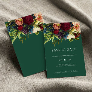 Green Moody Floral Burgundy Wedding Save the Date Invitation