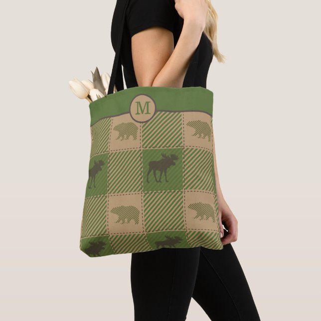 Green Moose Bear Pattern Monogram Tote Bag (Close Up)