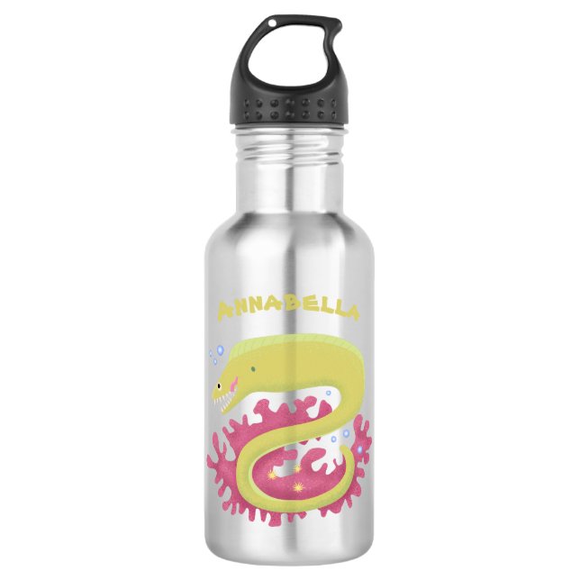 Green moray eel funny cartoon illustration 532 ml water bottle (Front)