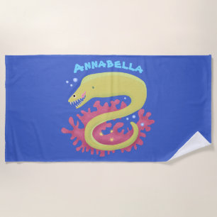 Green moray eel funny cartoon illustration beach towel