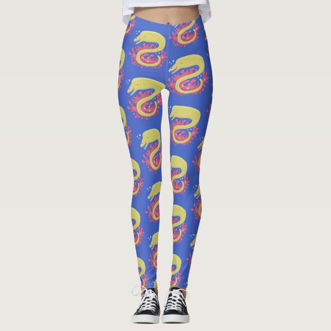 Green moray eel funny cartoon illustration leggings (Front)