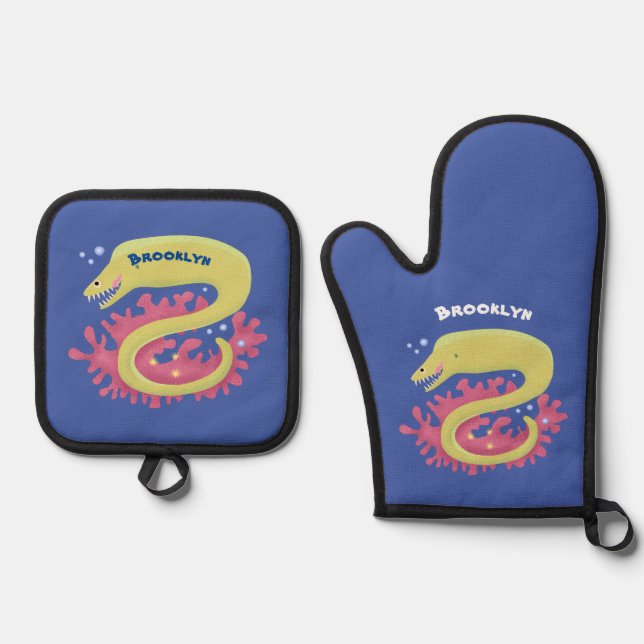 Green moray eel funny cartoon illustration oven mitt & pot holder set (Front)