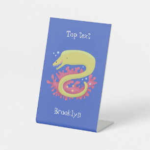 Green moray eel funny cartoon illustration pedestal sign