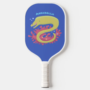Green moray eel funny cartoon illustration  pickleball paddle