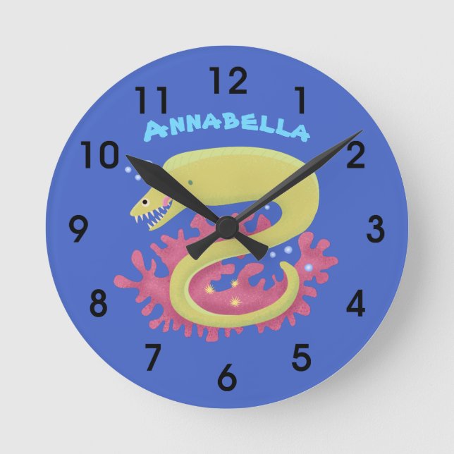 Green moray eel funny cartoon illustration round clock (Front)