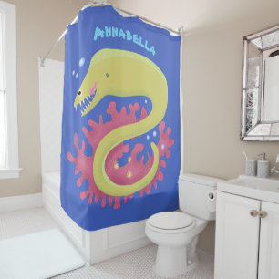 Green moray eel funny cartoon illustration shower curtain