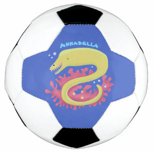 Green moray eel funny cartoon illustration soccer ball