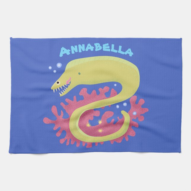 Green moray eel funny cartoon illustration tea towel (Horizontal)