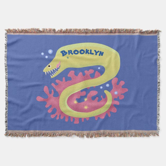 Green moray eel funny cartoon illustration throw blanket (Front)