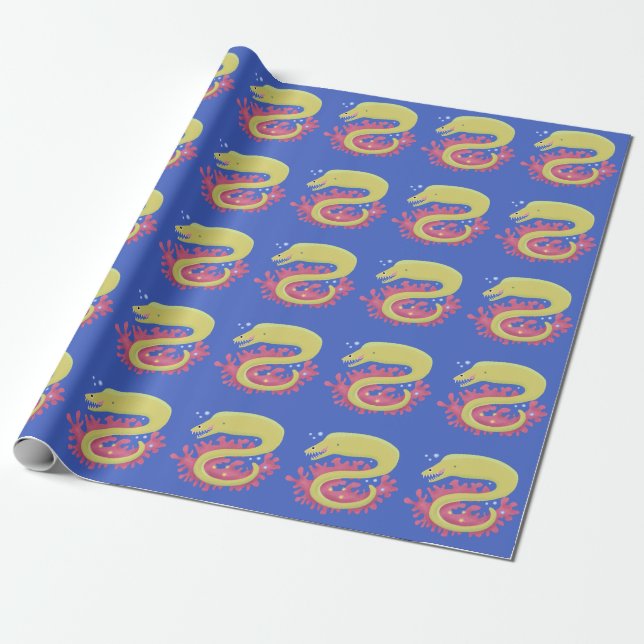 Green moray eel funny cartoon illustration wrapping paper (Unrolled)