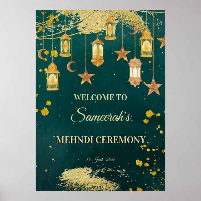 Green Moroccan lanterns green personalised Mehndi  Poster (Front)