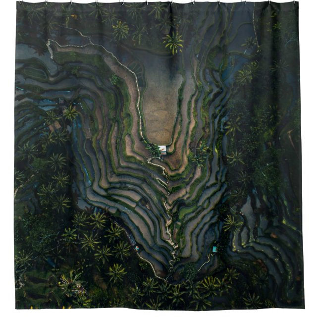 Green moss on black rock shower curtain (Front)