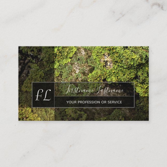 Green mossy tree surface grey rectangle monogram business card (Front)