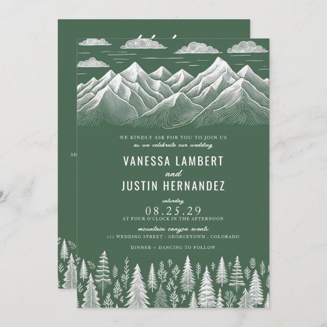 Green Mountain Wedding Invitation with QR Code (Front/Back)