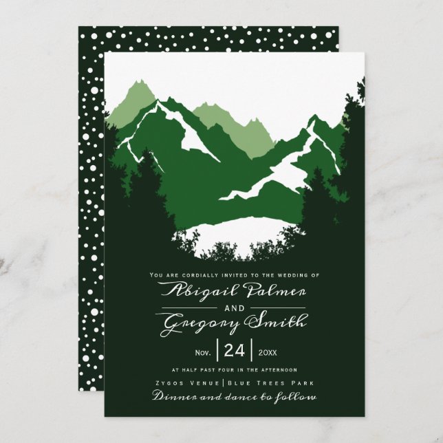 Green mountains and conifer trees wedding invitation (Front/Back)
