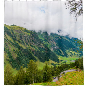 Green mountains covered with forest and green gras shower curtain