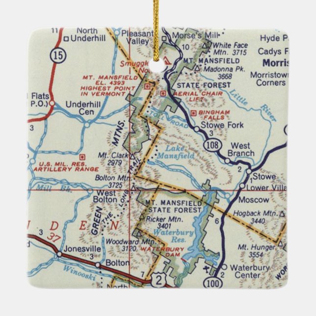 Green Mountains Vermont Retro Map Ceramic Ornament (Back)