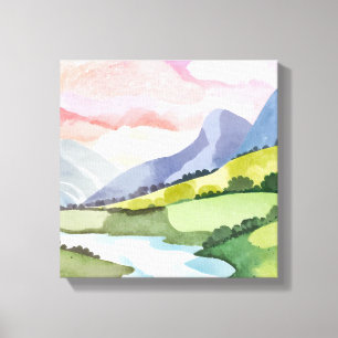 Green Mountainside Sunrise Watercolor Canvas Print