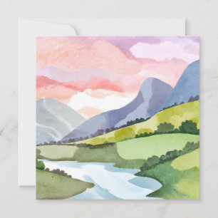 Green Mountainside Sunrise   Watercolor Card