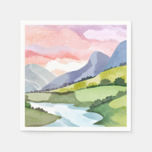 Green Mountainside Sunrise   Watercolor Painting Napkin