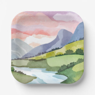 Green Mountainside Sunrise   Watercolor Painting Paper Plate
