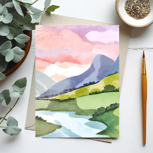 Green Mountainside Sunrise   Watercolor Postcard