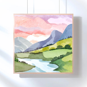 Green Mountainside Sunrise   Watercolor Poster