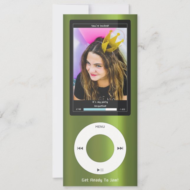 Green MP3 Music Player II Birthday Invitation (Front)