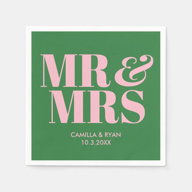 Green Mr & Mrs Personalised Wedding Napkins (Front)