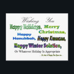 Green Multi holiday greetings Postcard<br><div class="desc">Green Multi holiday greeting for Christmas Hanukkah Kwanzaa Solstice Holidays</div>