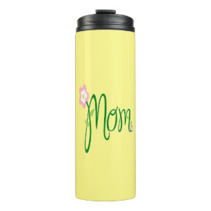 Green mum text with flower on yellow thermal tumbler