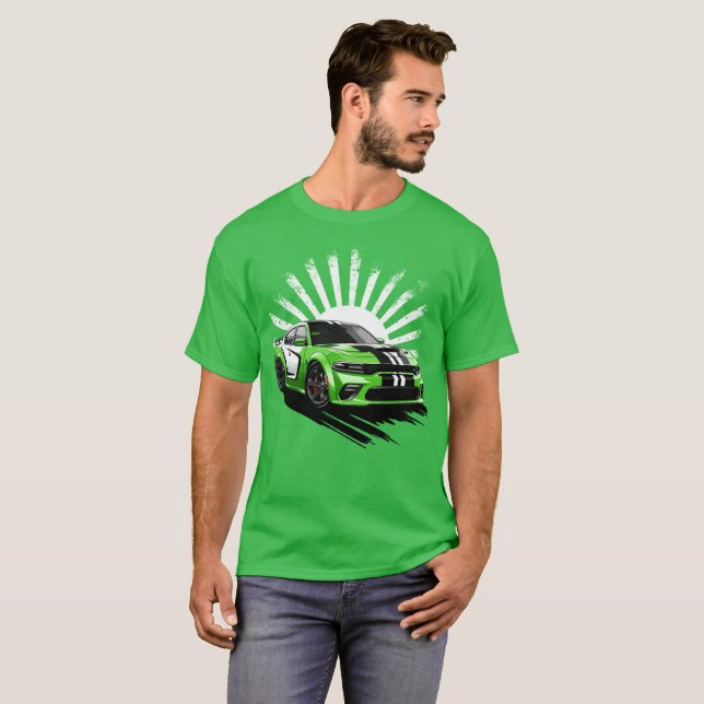 Green Muscle Car Turbo Sports Race Car T-Shirt (Front Full)