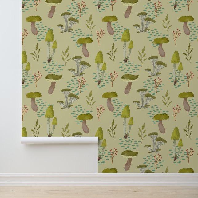 Green Mushroom Botanical Peel and Stick Wallpaper (Application)