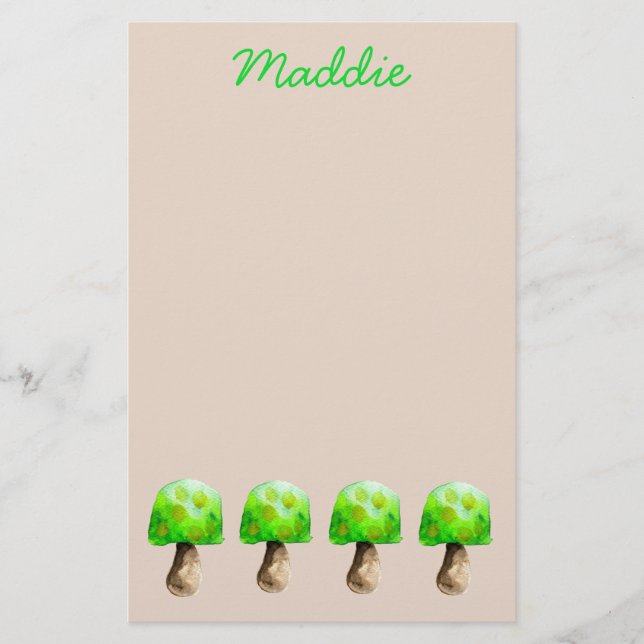 Green Mushroom watercolor cute fungi Stationery (Front)