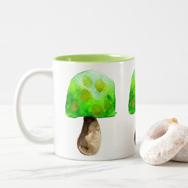 Green Mushroom watercolor cute fungi Two-Tone Coffee Mug (With Donut)