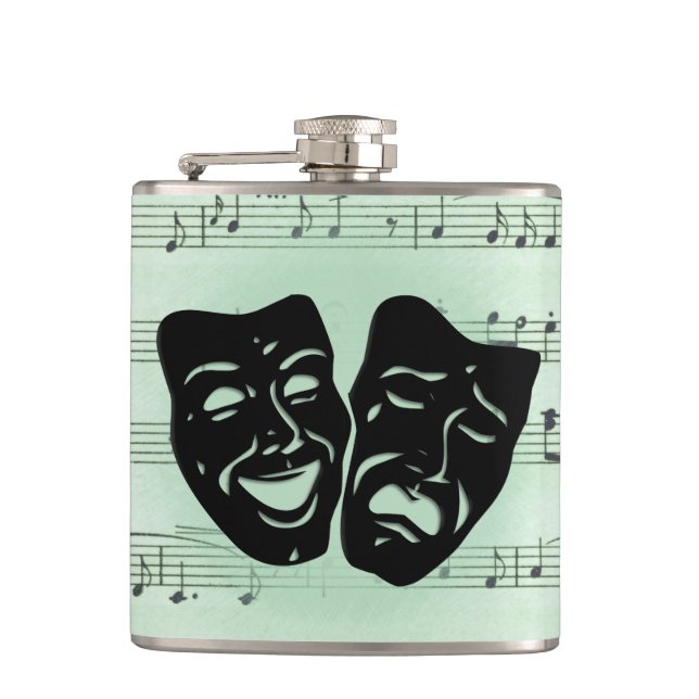 Green Music and Theatre Greek Masks Hip Flask (Front)