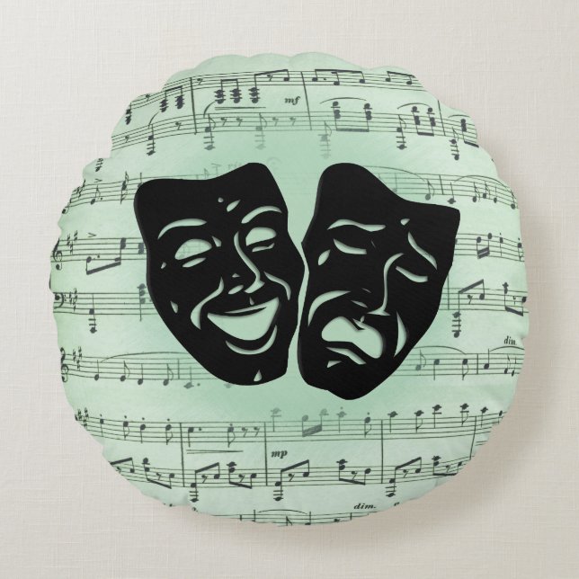Green Music and Theatre Greek Masks Round Cushion (Front)