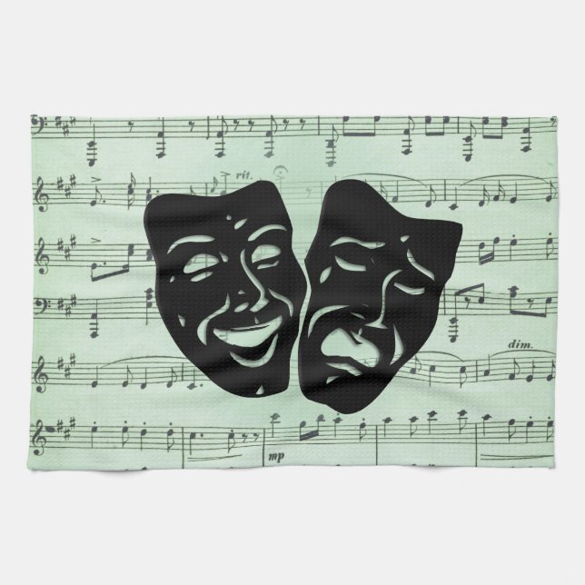 Green Music and Theatre Greek Masks Tea Towel (Horizontal)