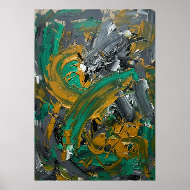 Green & Mustard Abstract Brushstroke Art Poster (Front)