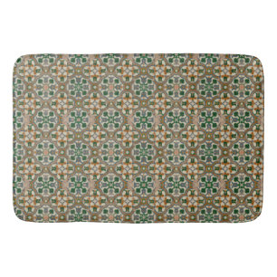 Green mustard floral Azulejos Geometric pattern Bath Mat